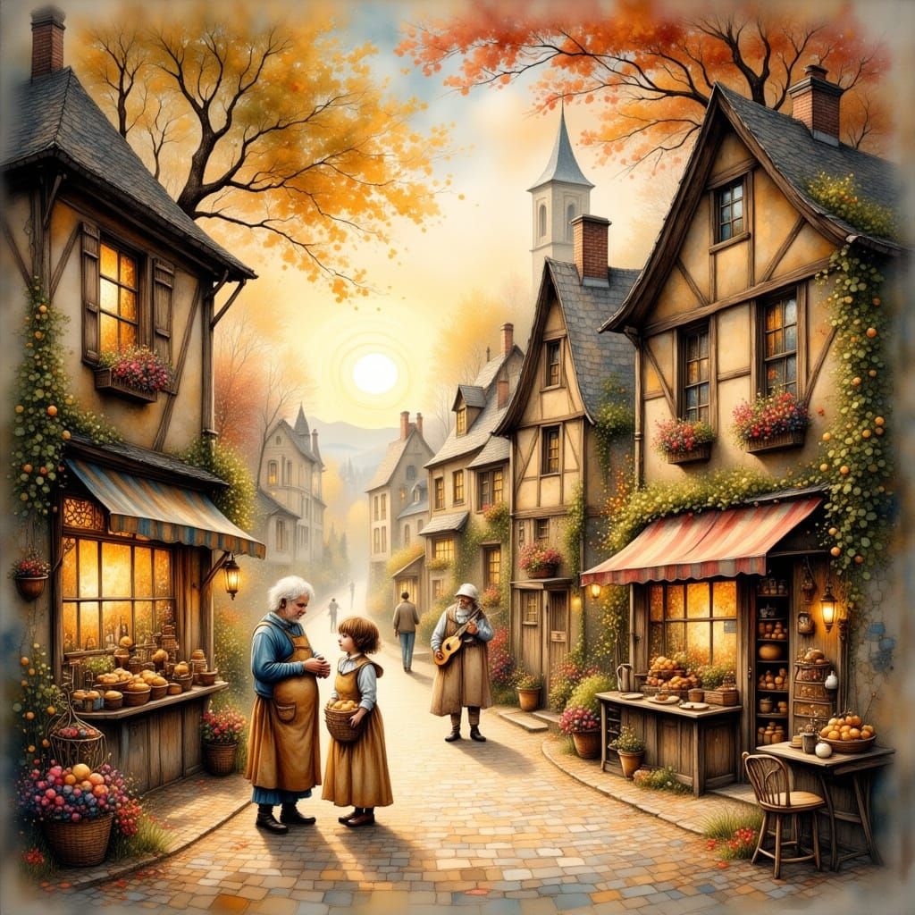 Whimsical Village Scene in Antique Watercolor Style