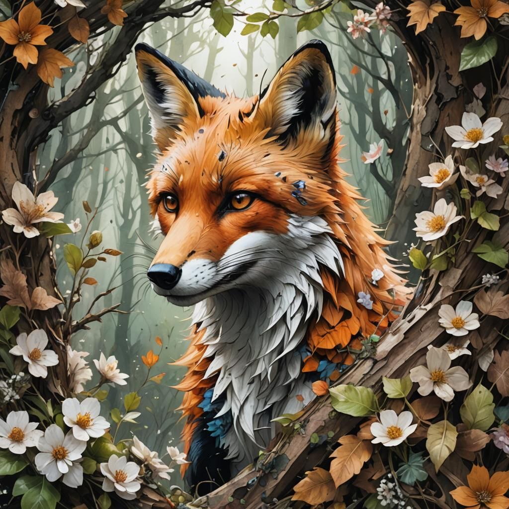 Close Up Fox beautiful realistic fur surrounded in tree bark leaves twigs and flowers. A breathtaking masterpiece fantas...