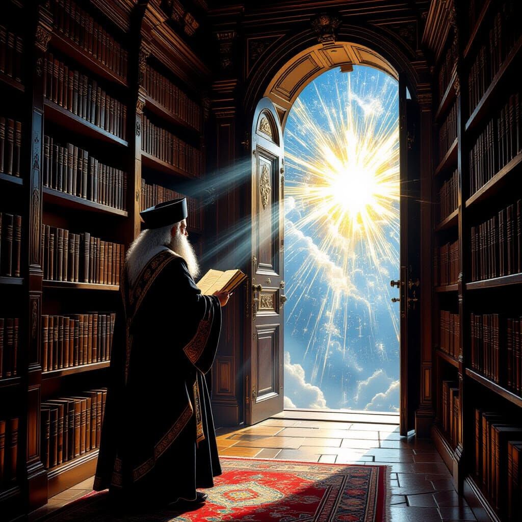 Rabbi in Mystical Library with Celestial Gateway
