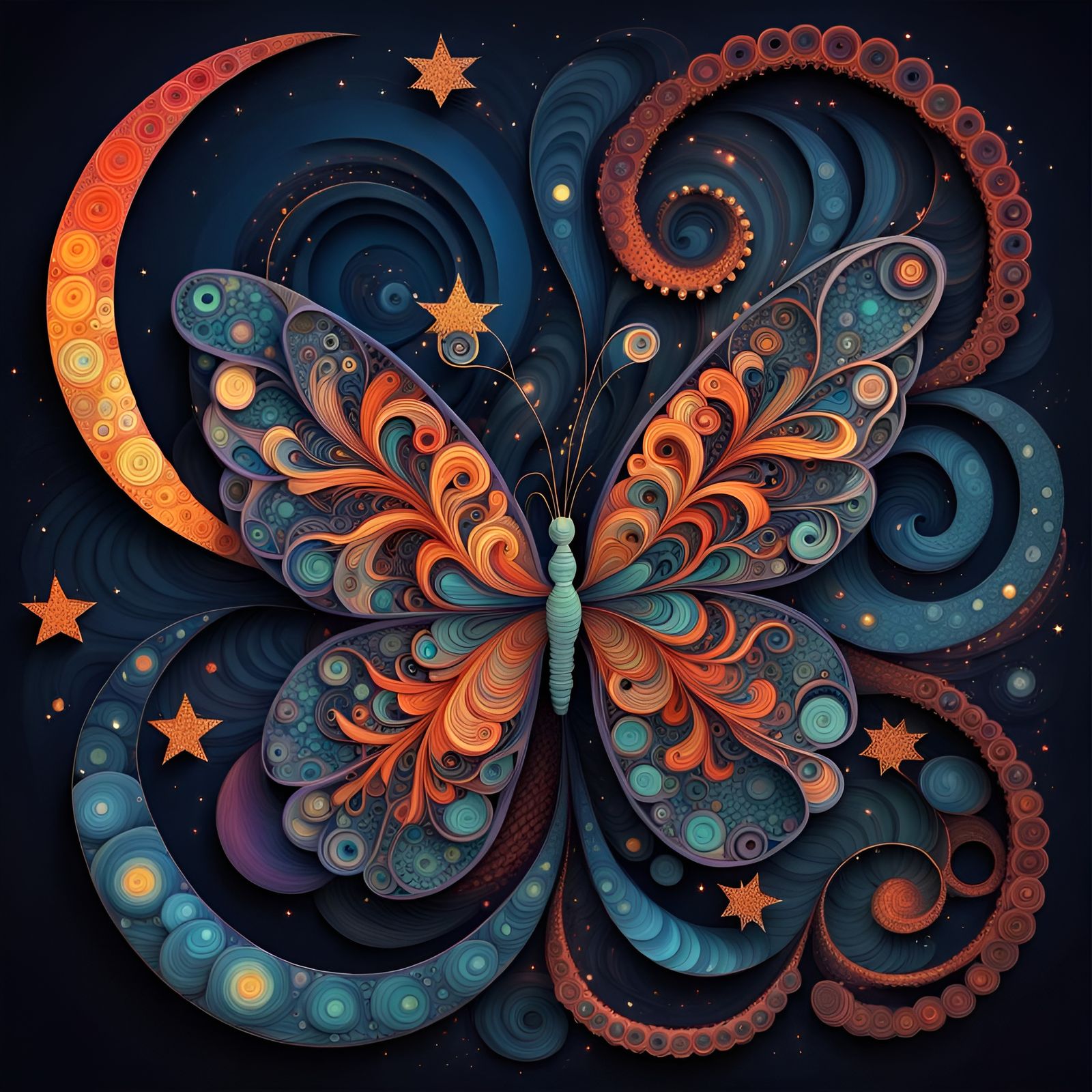 Zentangle Butterfly with Celestial Elements in Fractal Style
