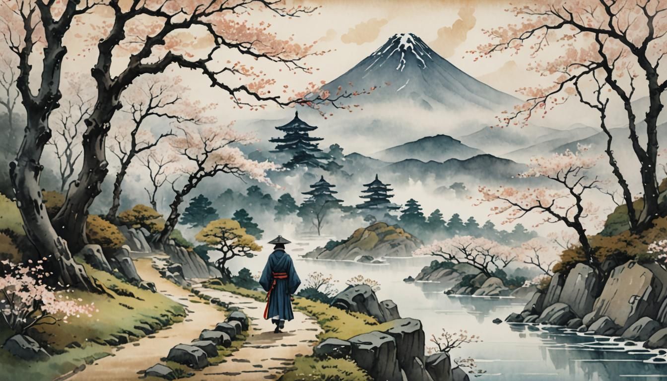 Serene Japanese Landscape with Figure in Watercolor Style