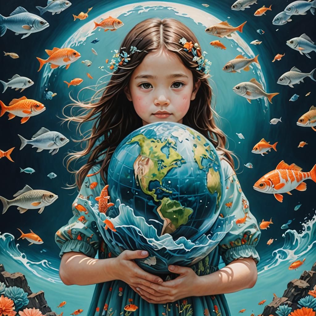 Child Embracing Earth: Oil Painting with Double Exposure