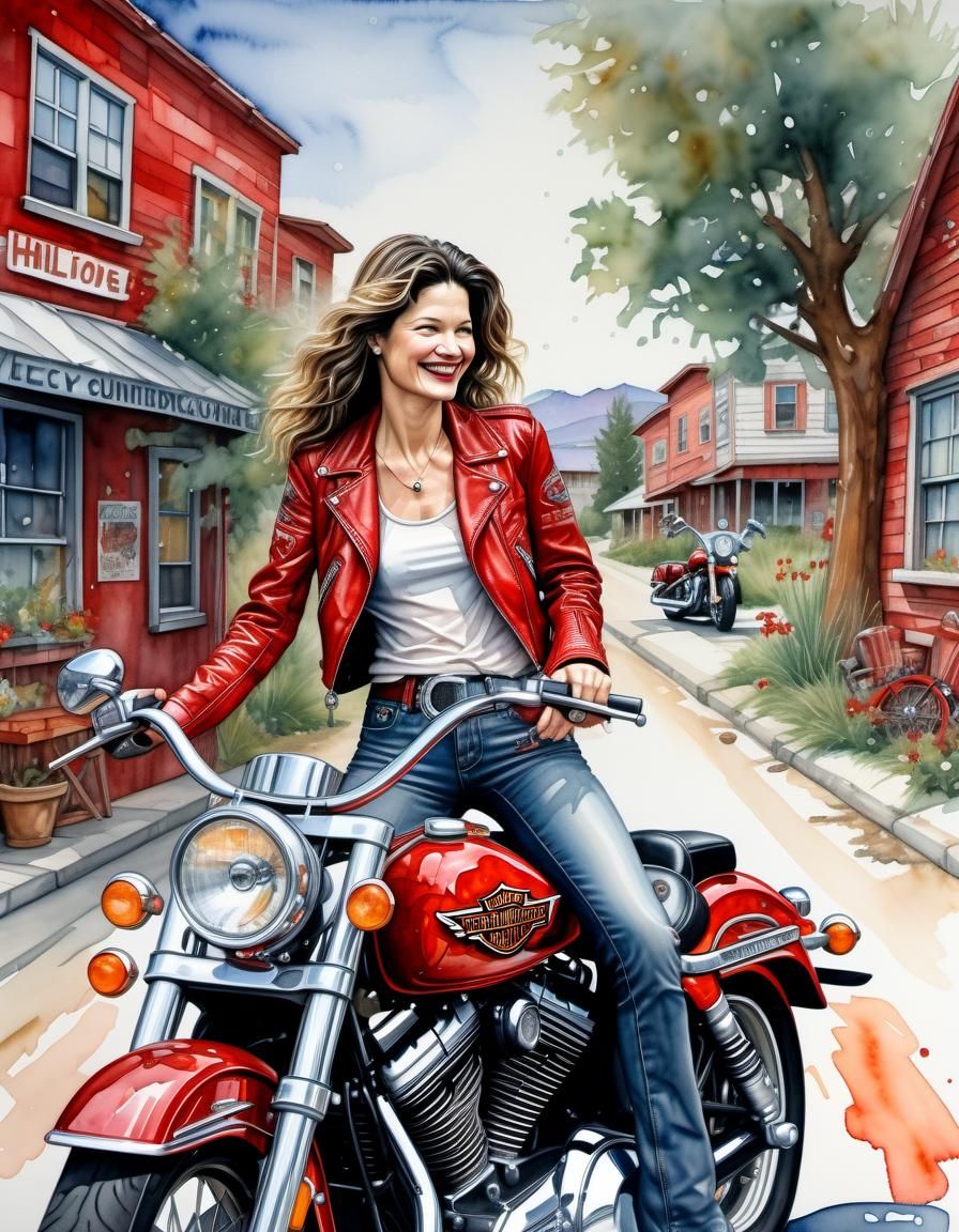 Cartoon Watercolor Masterpiece of Woman on Motorcycle