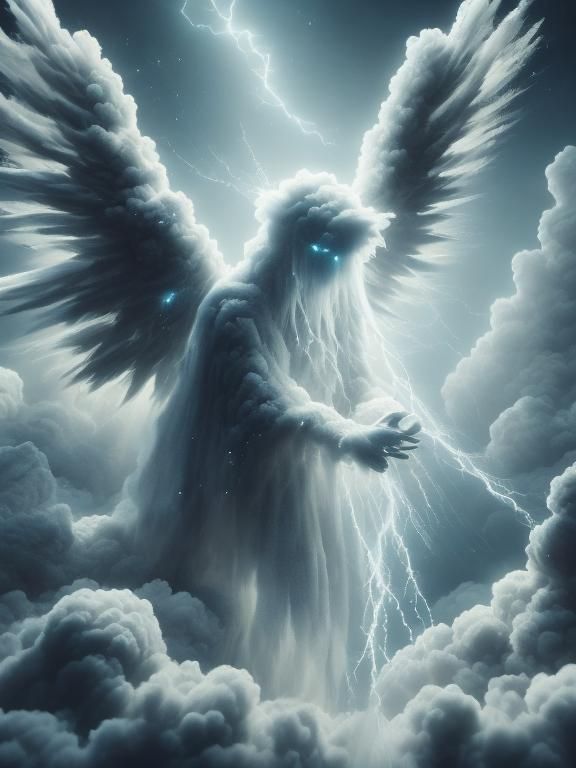 Ethereal Cloud Angel Hovering in Windswept Sky