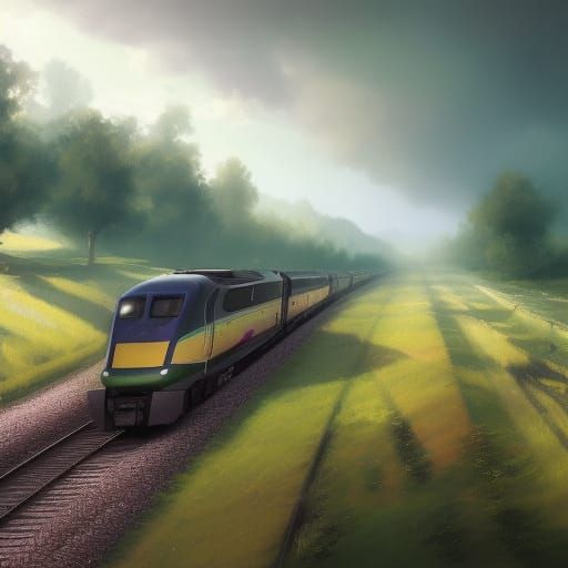 Nostalgic Train Journey Through Green Field in Realism Style