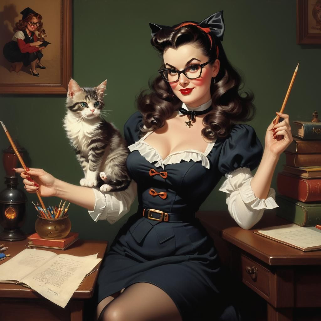 Vintage Pin-Up Witch Teacher With Kitten