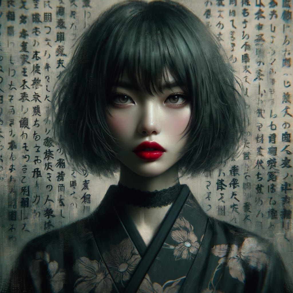 Moody Asian Woman in Japanese Print Dress