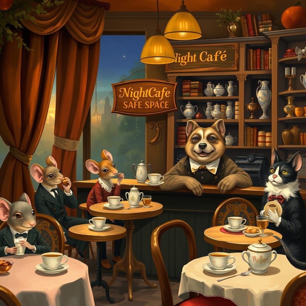 Whimsical Night Cafe Scene in Impressionist Style