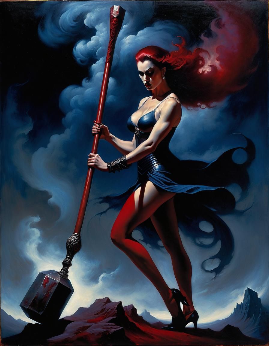 Dark Fantasy Woman Lifts a Large Maul