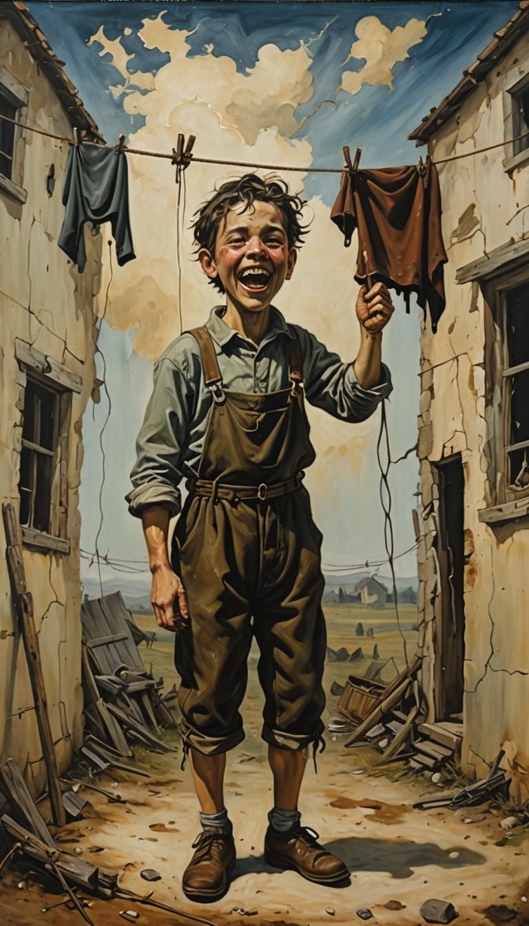 Surreal Child Hangs on Clothesline: Clovis Trouille Style