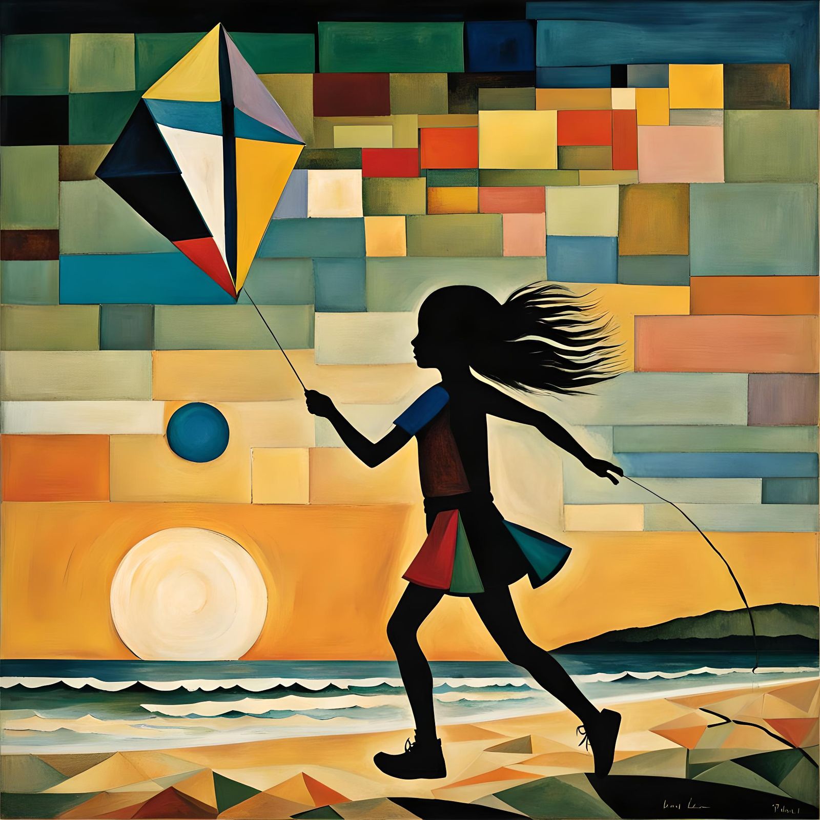 Girl Flying Kite on Beach: Bauhaus-Inspired Oil Painting