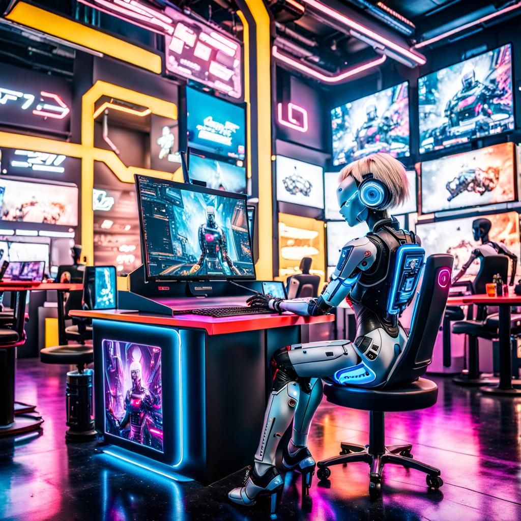 Cyberpunk Cafe with Robot Barista and Gaming PCs