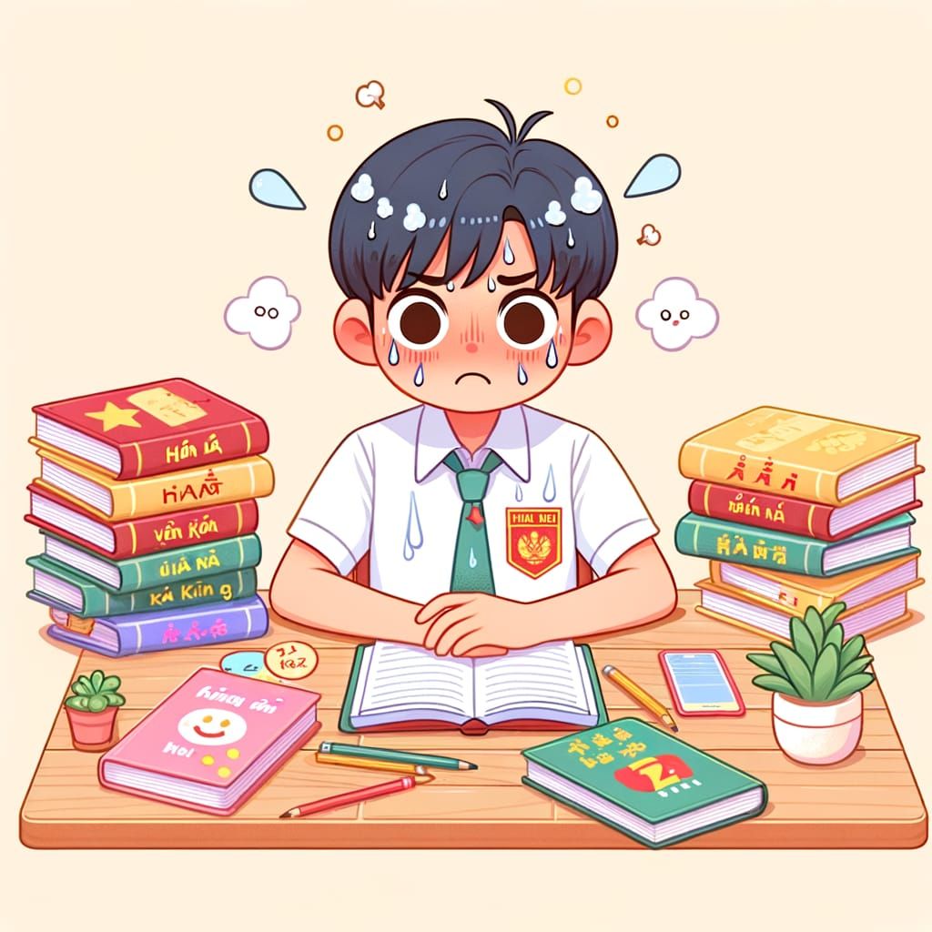 Stressed Vietnamese Student in Friendly Cartoon Style