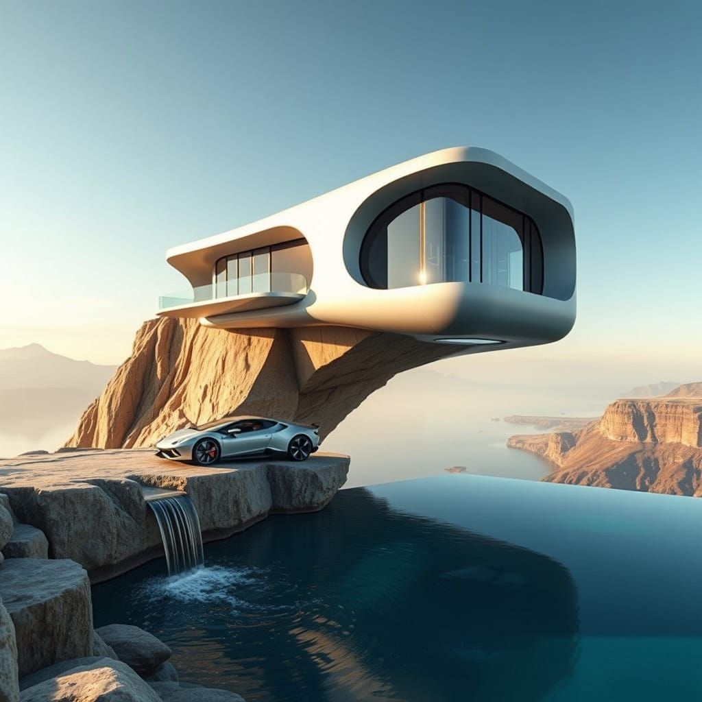 Surreal Futuristic Cliffside House Floats Above Serene Water...