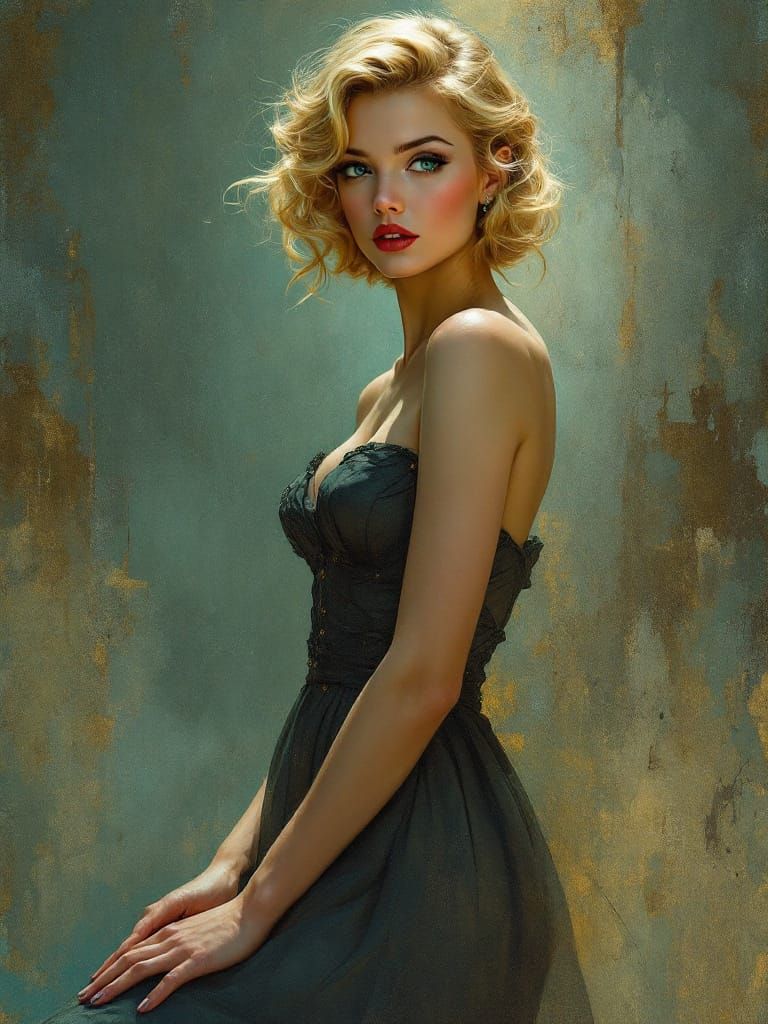 1950s Pin-Up Woman in Atmospheric Oil Painting Style