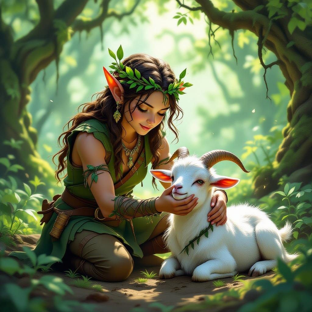 Halfling Druid Heals Injured Goat in Sunlit Forest