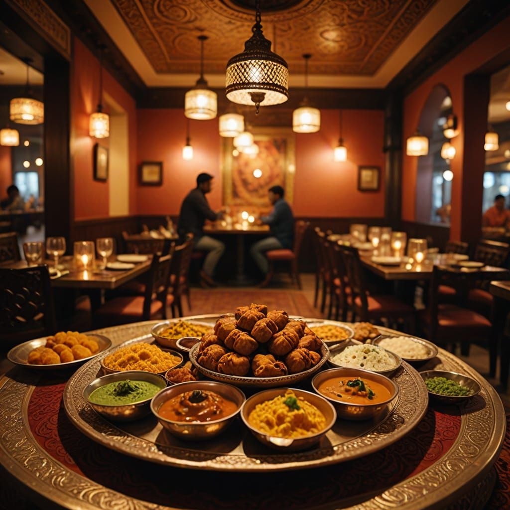 Vibrant Indian Restaurant Scene with Traditional Delights