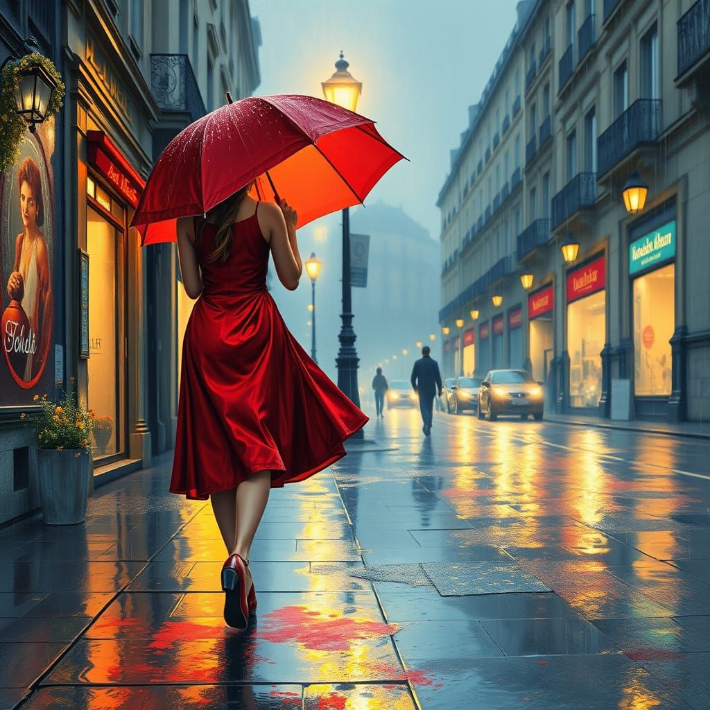 Elegant Woman in Red Dress, Impressionistic Paris Street
