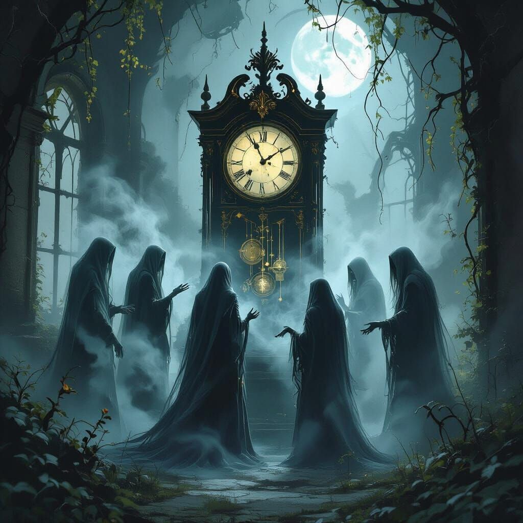 A spectral family portrait, rendered in the style of dark fa...