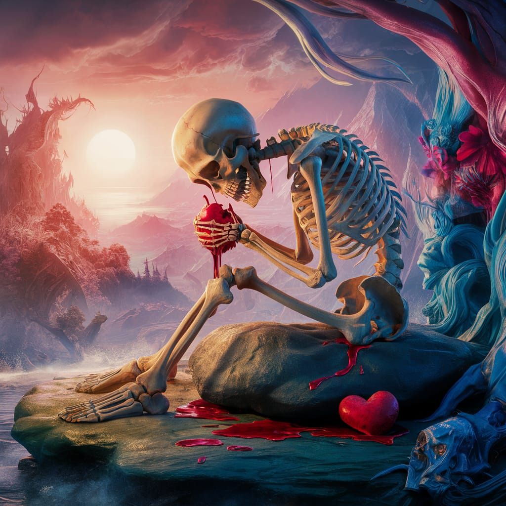 Heartbroken Skeleton in Ethereal Fantasy Landscape