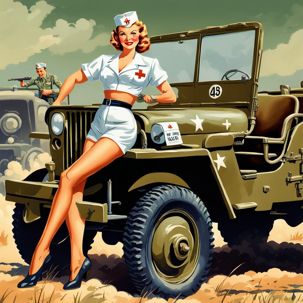 WWII Pin-Up Nurse in Art Nouveau Style