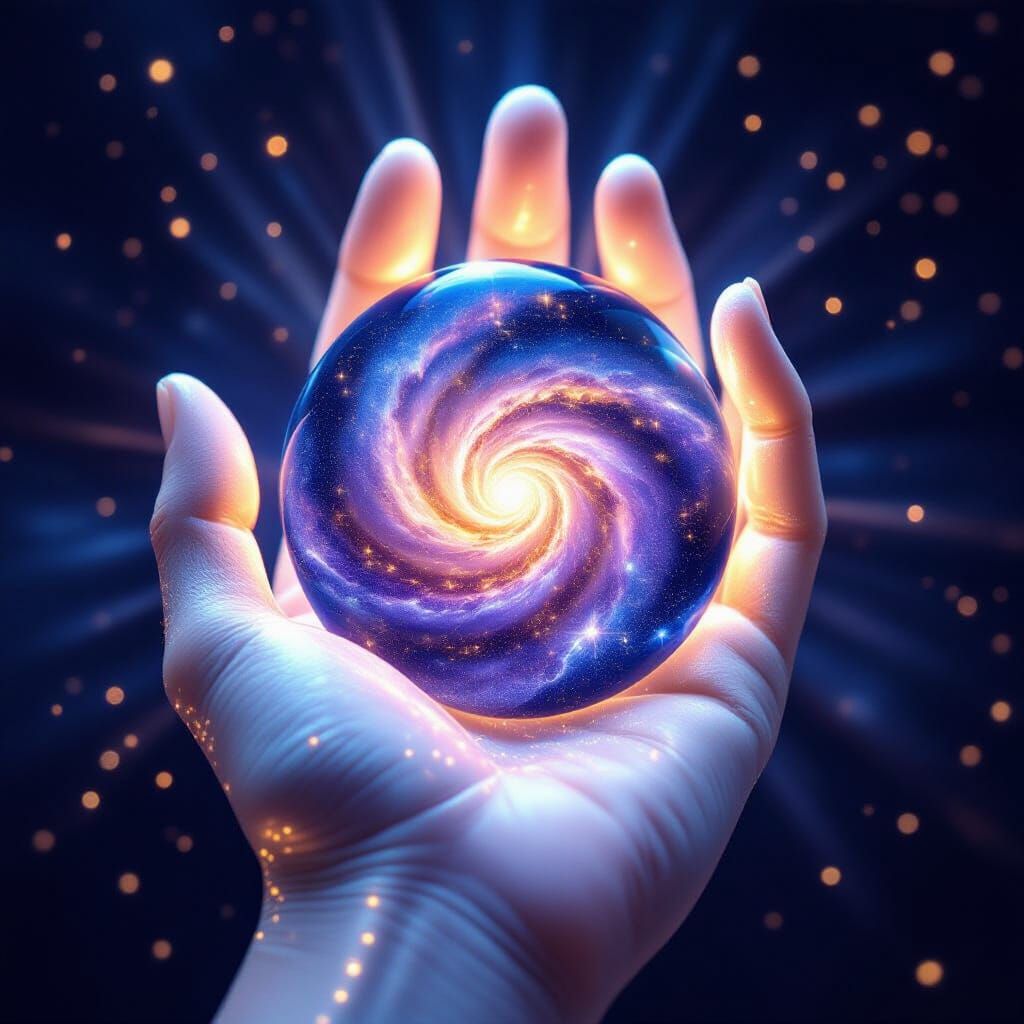 Luminous Hand Holding a Swirling Universe