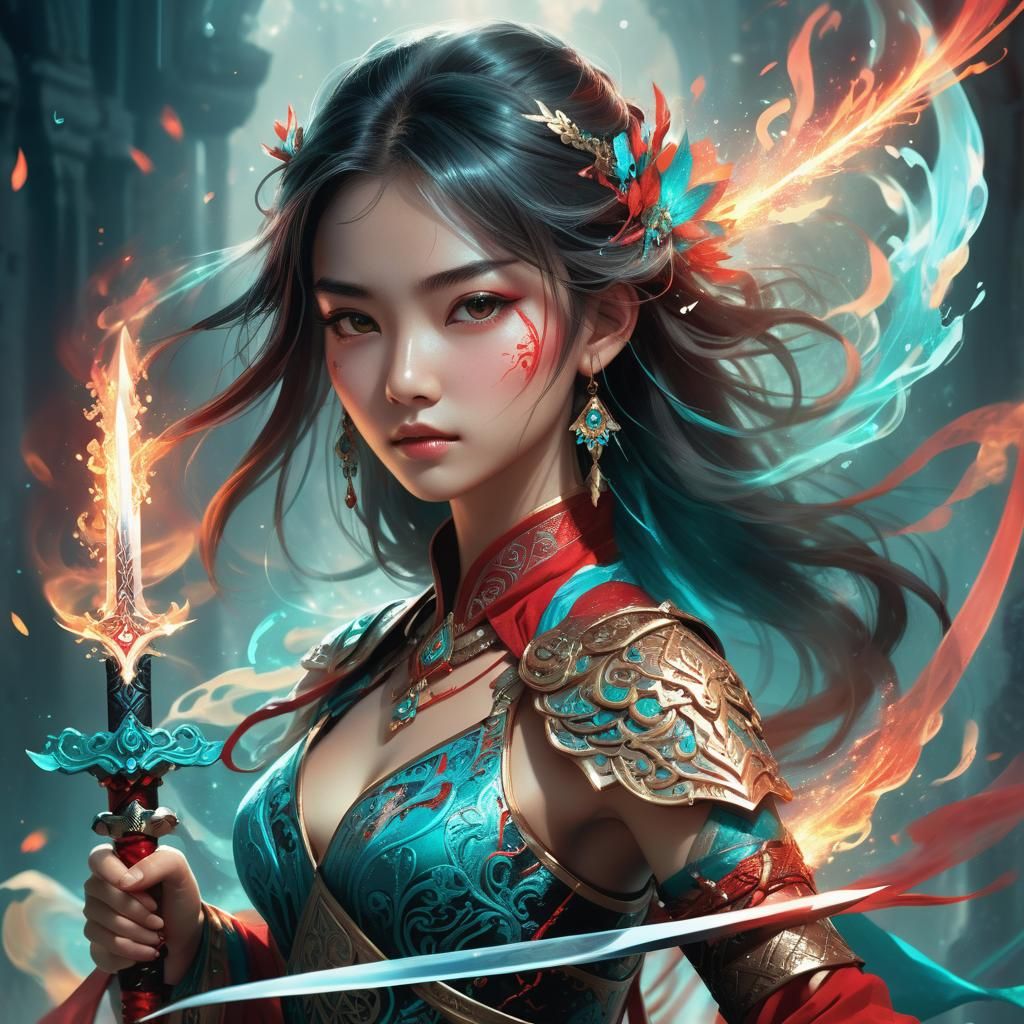 Fantasy Manga Woman with Glowing Sword