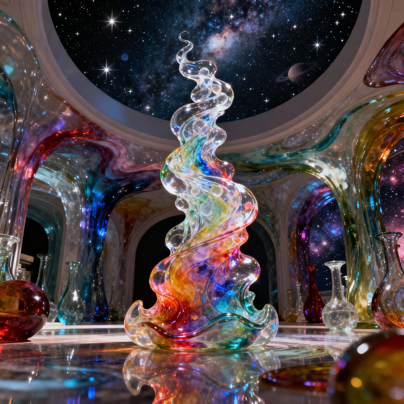 Towering Glass Nebula Sculpture in Cosmic Sky