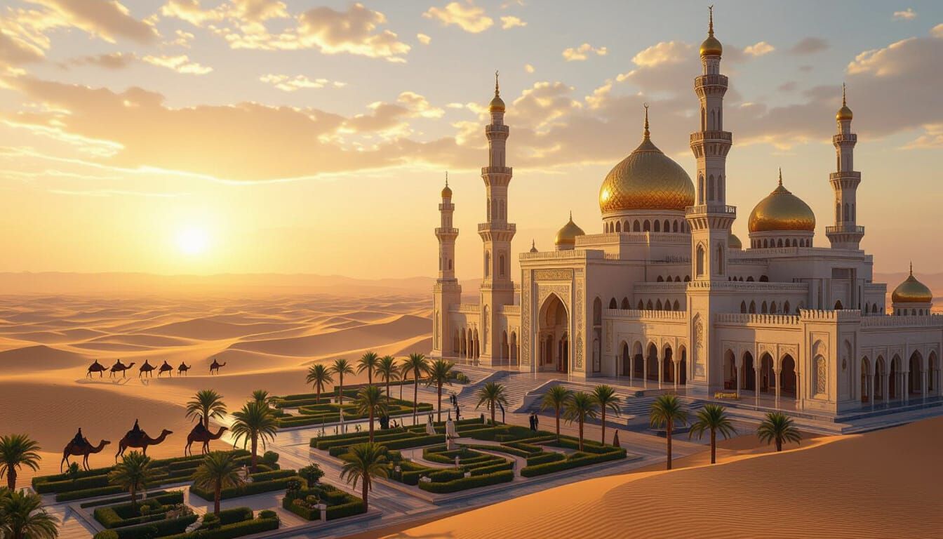 Majestic Desert Palace at Sunset in Islamic Architectural St...