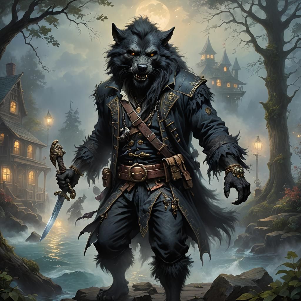 Black Anthro Werewolf Pirate in Ethereal Style