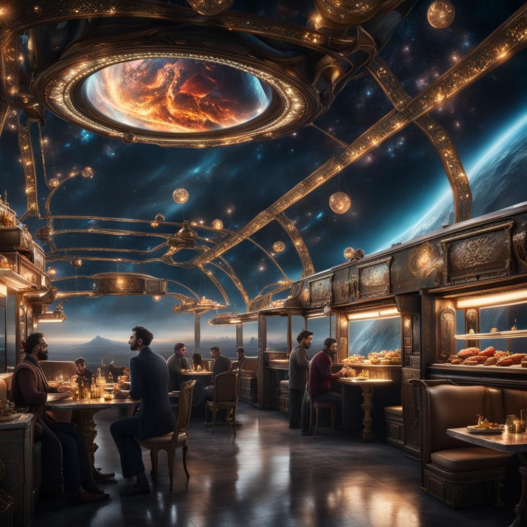 a grandiose royal food truck, gracefully suspended in the de...