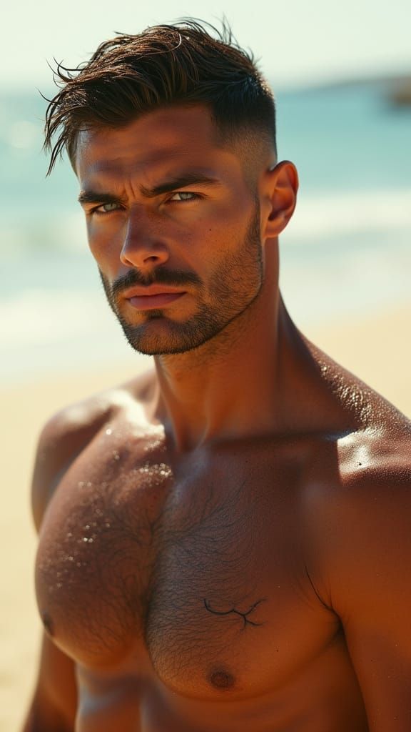 Hyperrealistic Portrait of Shirtless Man in Golden Hour