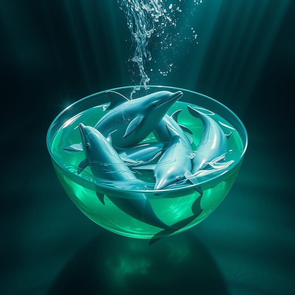Epic Cinematic Dolphins in a Bowl of Translucent Green Liqui...