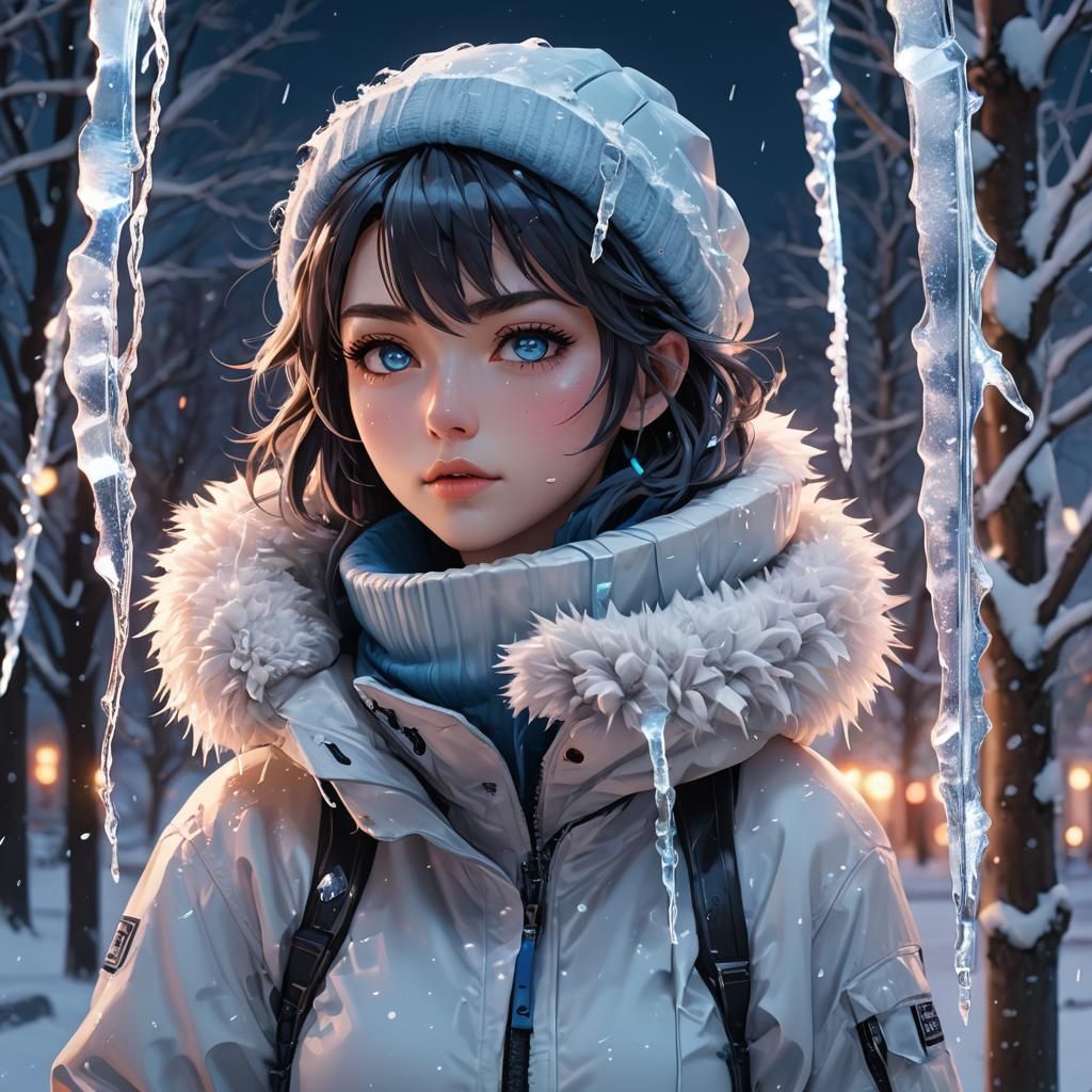 Anime Girl in Alaska Blizzard: 3D Rendered Art