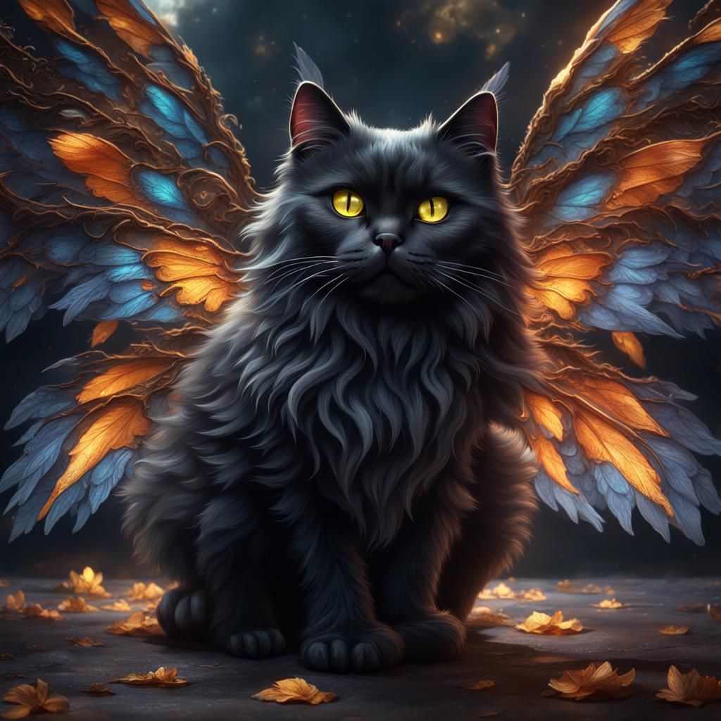 Fluffy Black Cat with Butterfly Wings in Fantasy Art