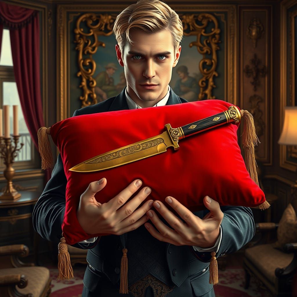 Elegant Victorian Gentleman Holds Crimson Pillow with Golden...