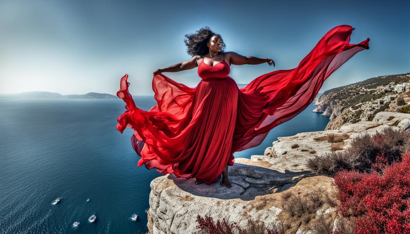 Woman in Red Dress on Cliff in Greece
