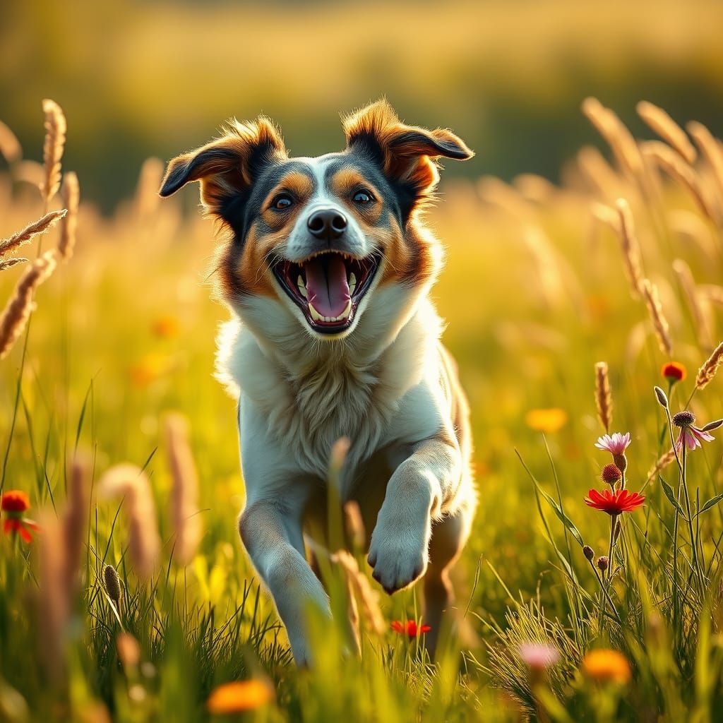 Joyful Dog Runs Free in Sun-Drenched Field
