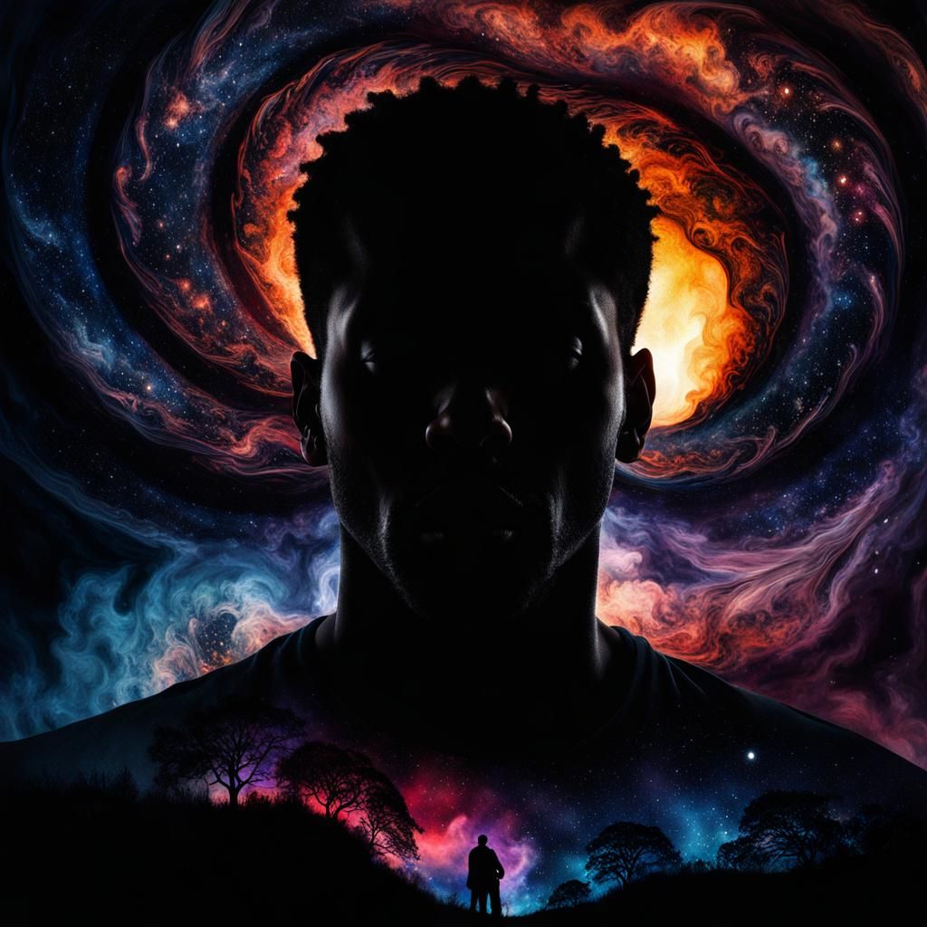 Hyperrealistic Silhouette with Galaxy Sunset Double Exposure