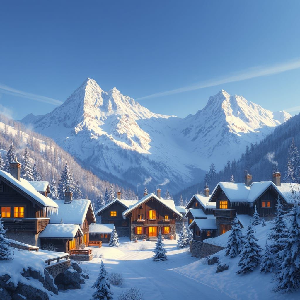 Cozy Alpine Village in Snowy Mountains