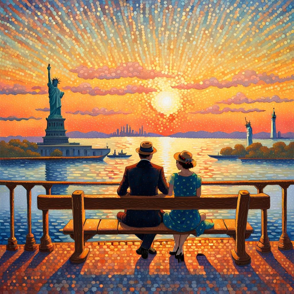 Pointillist Painting of Couple Gazing at Liberty Statue