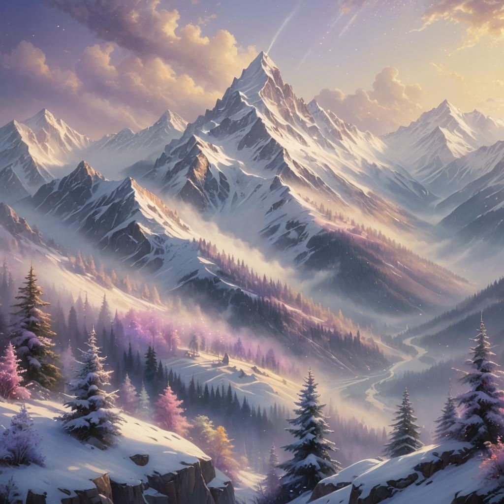 Ethereal Snowy Mountain Peak in Dreamy Light