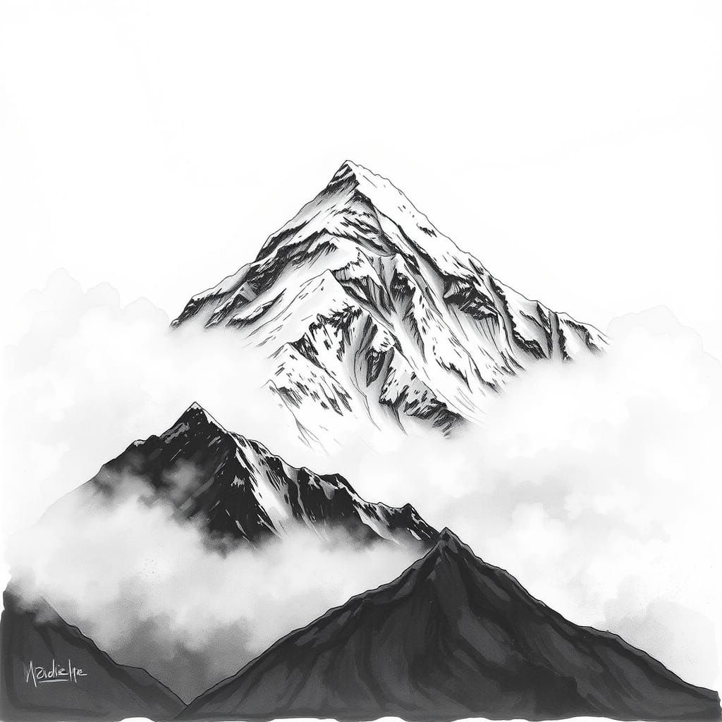 Misty Mount Everest in Hand-Drawn Ink Style