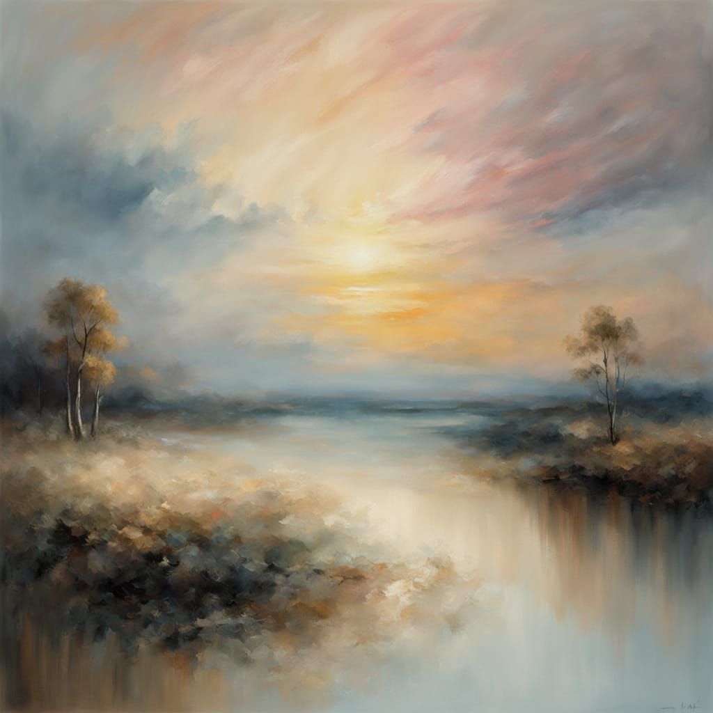 Misty Evening Serenity: A Romantic Landscape Painting