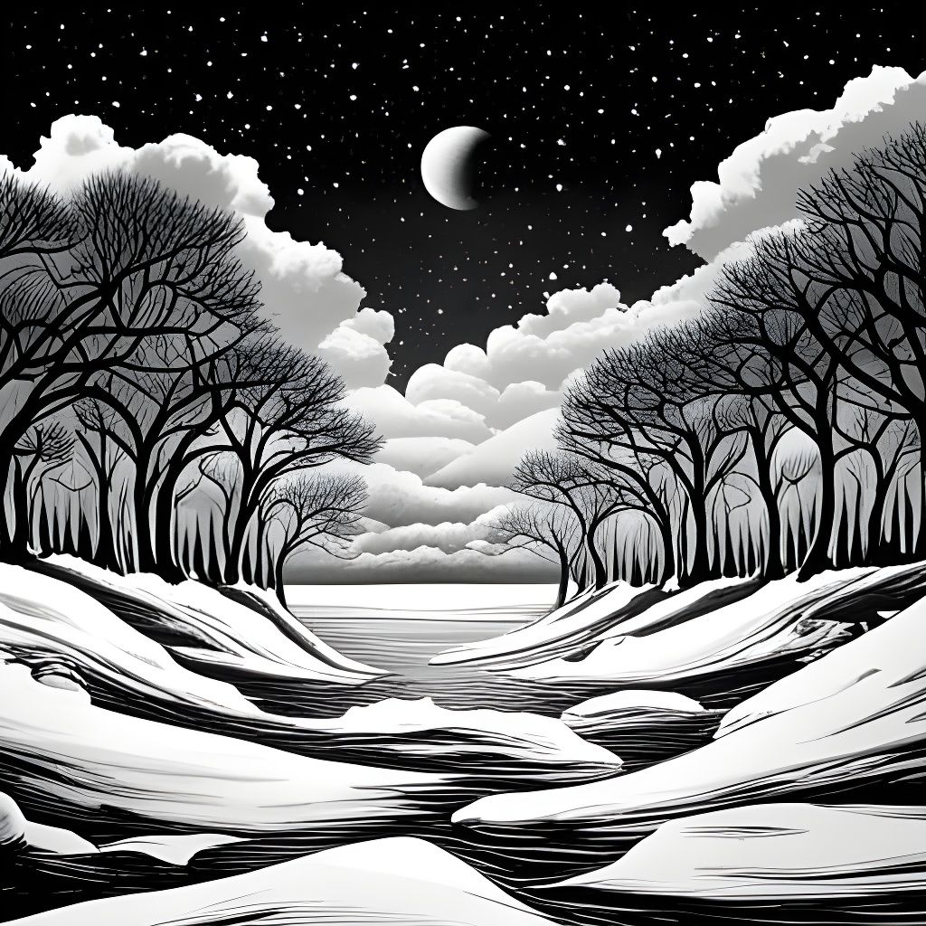 Monochrome Starry Landscape: Detailed Concept Art