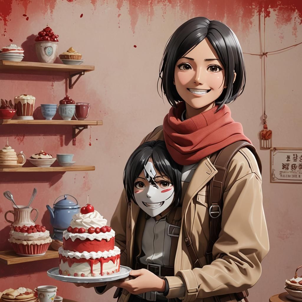 Mikasa Ackerman Holding Cake in 3D Digital Art