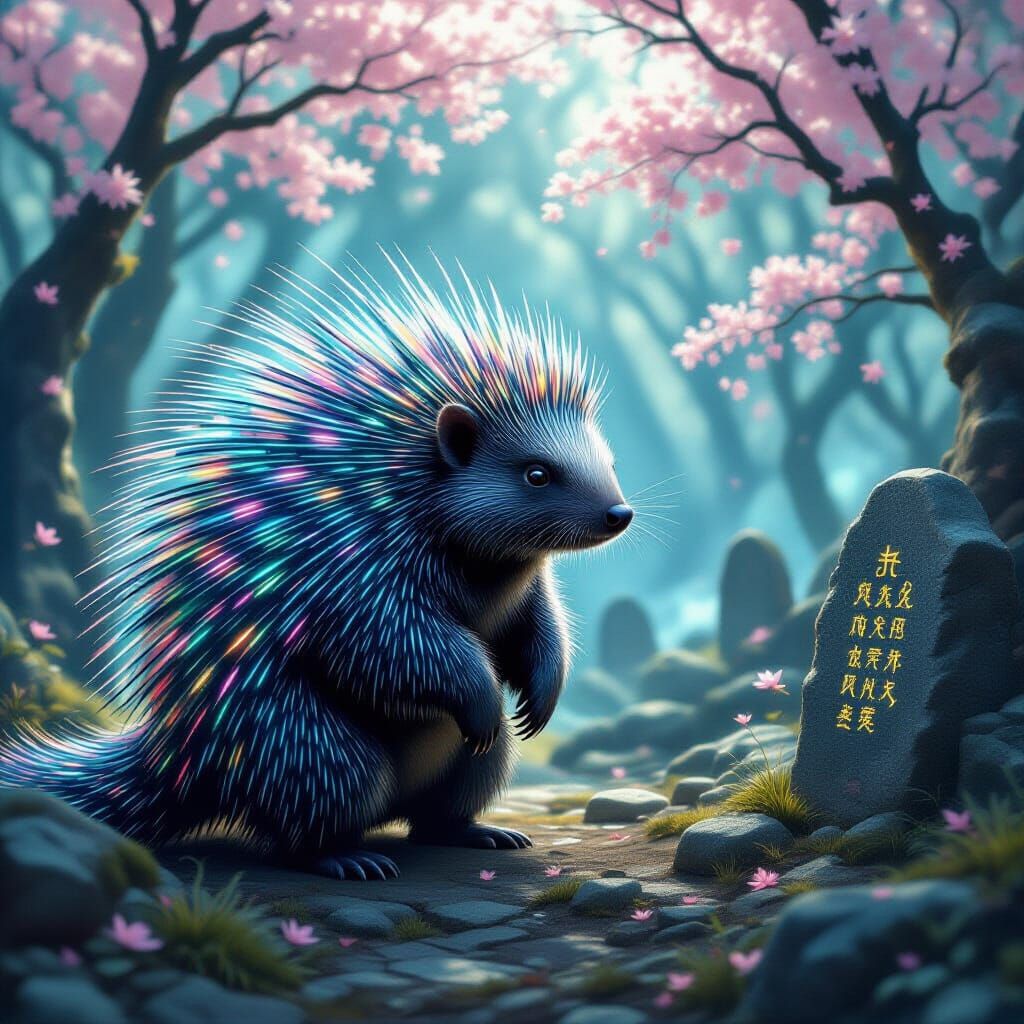 Bioluminescent Grove Guarded by Iridescent Porcupine