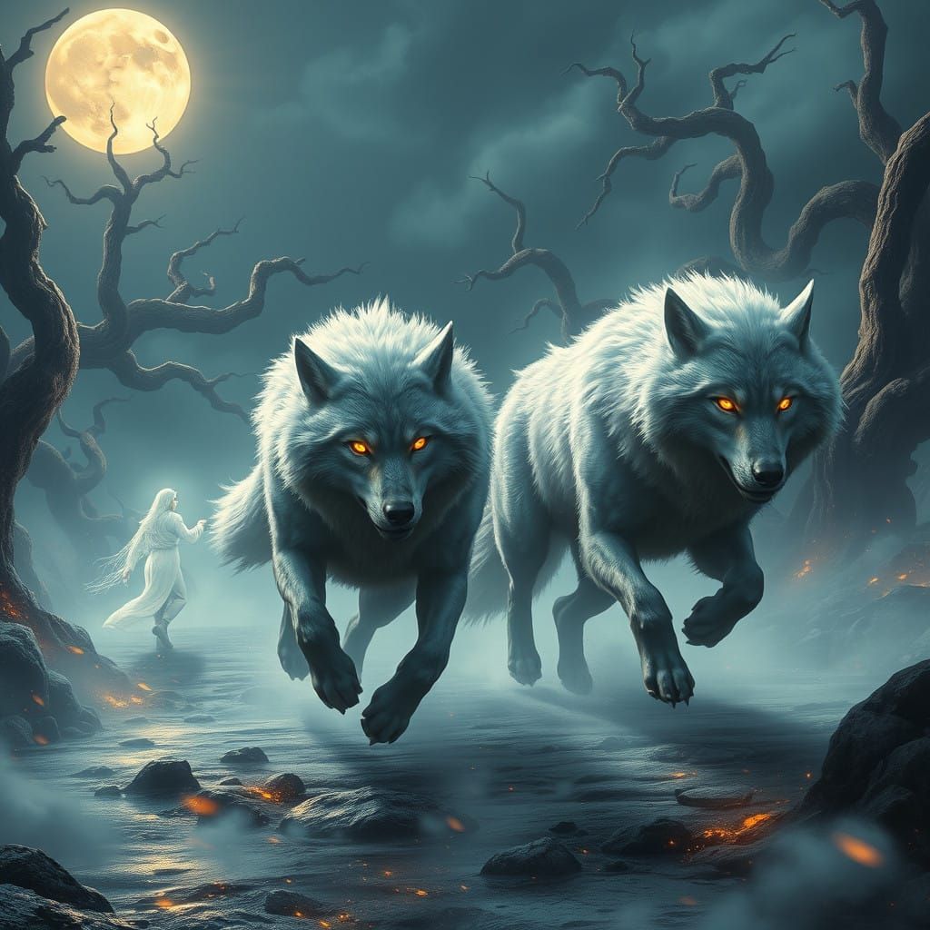 Colossal Mythical Wolves Chase Moonlit Gods in a Dreamlike R...