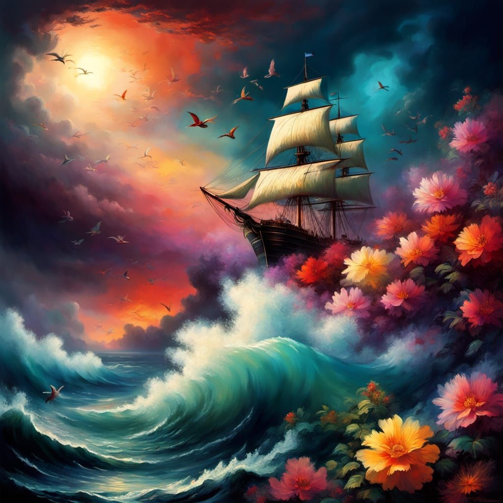 Dreamlike Seascapes with Exotic Flowers and Hummingbirds