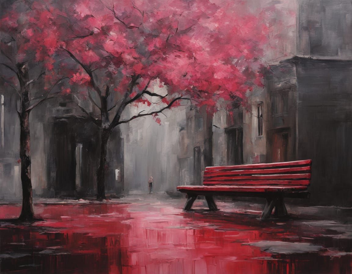 Rustic Oil Painting of Blooming Apple Tree in Moody May Rain